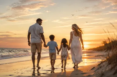 Family Walking on Beach at Sunset