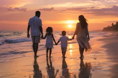 Family Silhouettes Walking on Beach at Sunset