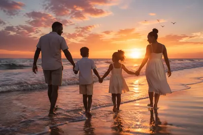 Family Silhouettes Walking on Summer Beach