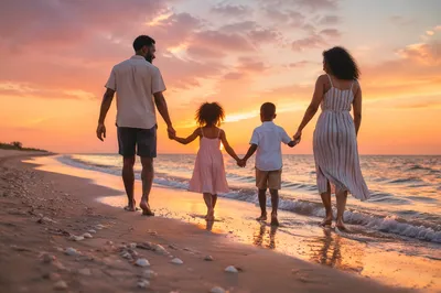 Family Walking on Beach at Sunset