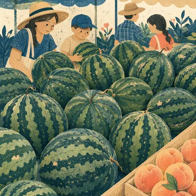 Fresh Summer Watermelons and Peaches Display