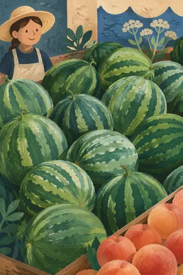 Fresh Summer Watermelons and Peaches Display