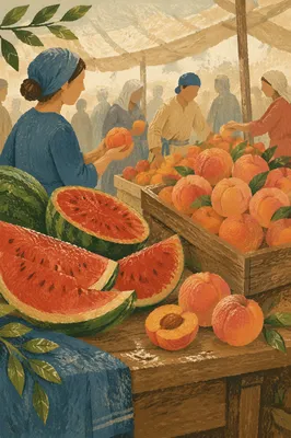 Summer Farmers Market Watermelons and Peaches