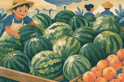 Summer Farmers Market Watermelons and Peaches