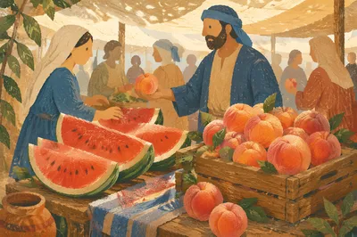 Summer Farmers Market Watermelon and Peaches