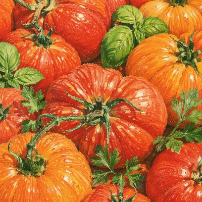 Sunlit Heirloom Tomatoes and Fresh Garden Herbs