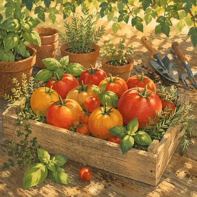 Sunlit Summer Garden Tomatoes and Herbs