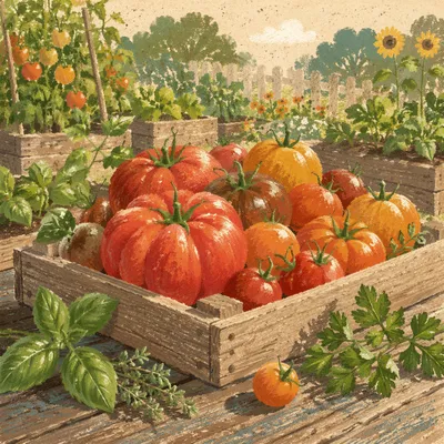 Sunlit Summer Tomatoes and Garden Herbs