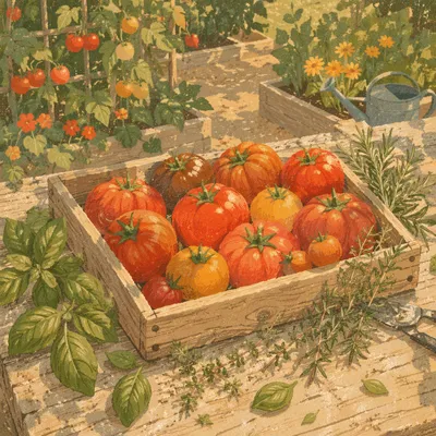 Sunlit Summer Tomatoes and Garden Herbs
