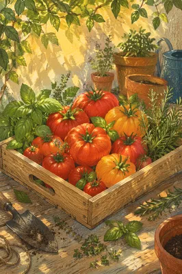 Sunlit Summer Garden Tomatoes and Herbs