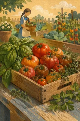 Sunlit Summer Tomatoes and Garden Herbs