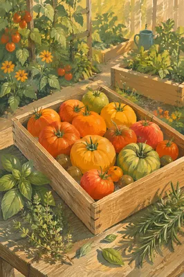 Sunlit Summer Tomatoes and Garden Herbs