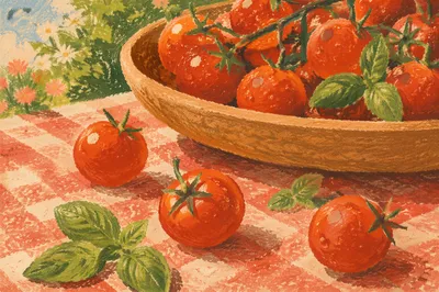 Sunlit Summer Tomatoes on Gingham Cloth