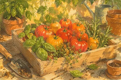 Sunlit Summer Garden Tomatoes and Fresh Herbs
