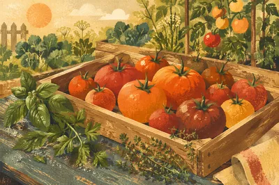 Sunlit Summer Tomatoes and Garden Herbs