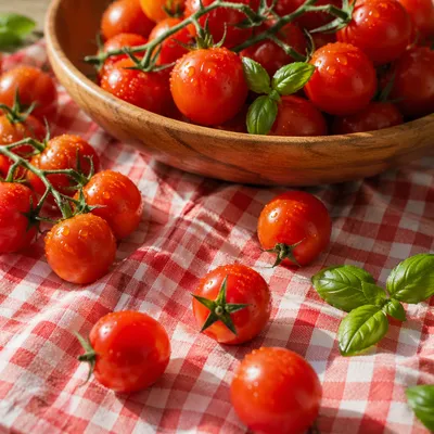 Fresh Summer Tomatoes on Gingham Cloth