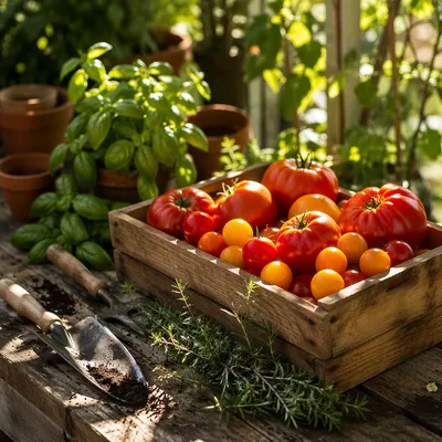 Sunlit Summer Garden Tomatoes and Herbs