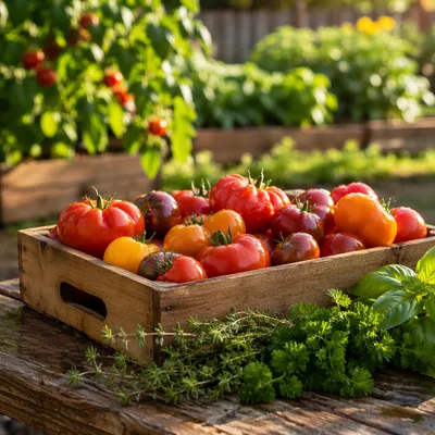 Sunlit Summer Tomatoes and Garden Herbs