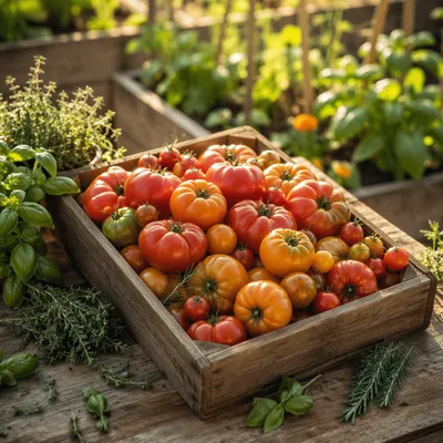 Sunlit Summer Tomatoes and Garden Herbs