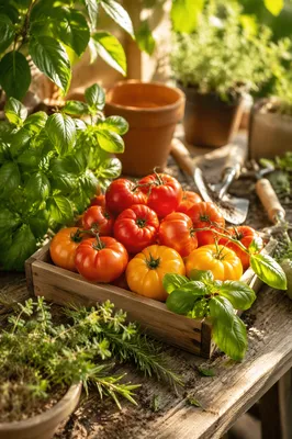 Sunlit Summer Garden Tomatoes and Herbs