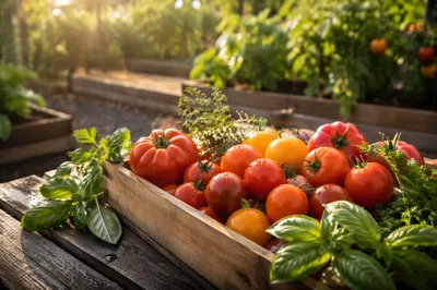 Sunlit Summer Tomatoes and Garden Herbs