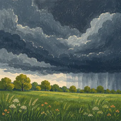 Summer Thunderstorm Over Rural Green Field