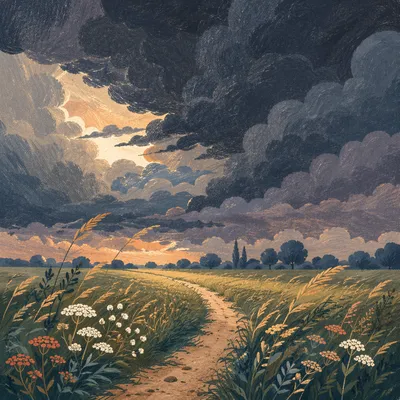 Summer Thunderstorm Over Windswept Green Field
