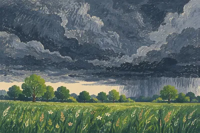 Summer Thunderstorm Over Rural Green Field