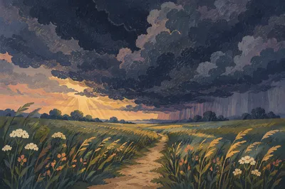 Summer Thunderstorm Over Windy Green Field