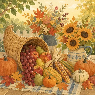 Thanksgiving Cornucopia Harvest Altar with Sunflowers