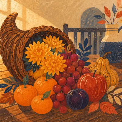 Thanksgiving Cornucopia Harvest on Wooden Altar