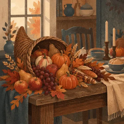 Thanksgiving Cornucopia Harvest on Rustic Altar