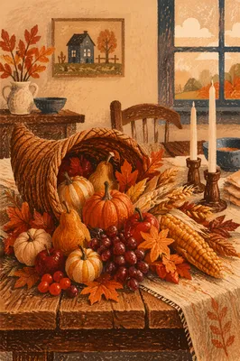 Thanksgiving Cornucopia Harvest on Rustic Altar Table