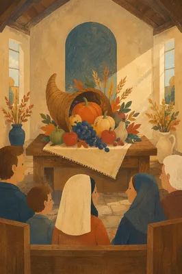 Thanksgiving Cornucopia on Rustic Chapel Altar