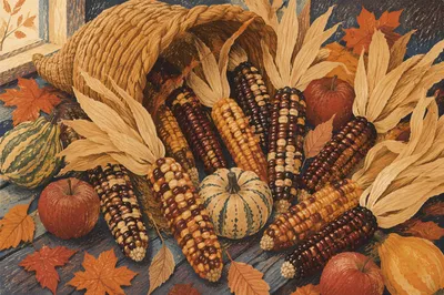 Thanksgiving Cornucopia with Harvest Fruits