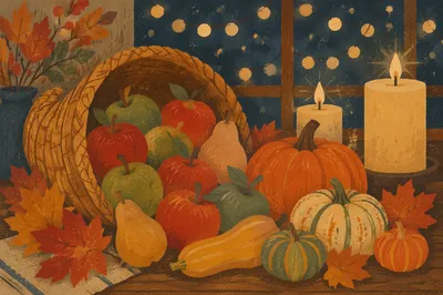 Thanksgiving Cornucopia Harvest Altar with Candlelight