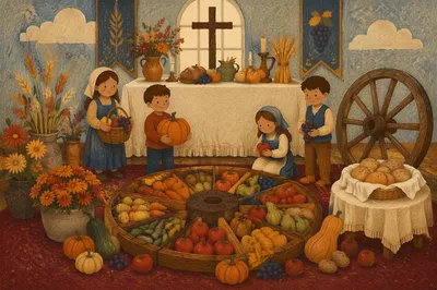 Thanksgiving Harvest Altar with Cornucopia Produce