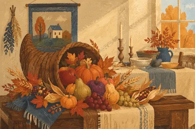 Thanksgiving Cornucopia on Rustic Harvest Altar