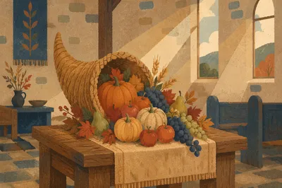 Thanksgiving Cornucopia on Rustic Chapel Altar
