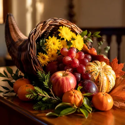 Thanksgiving Cornucopia on Wooden Altar