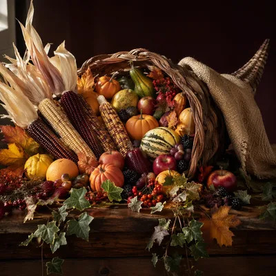 Thanksgiving Cornucopia on Rustic Altar Table
