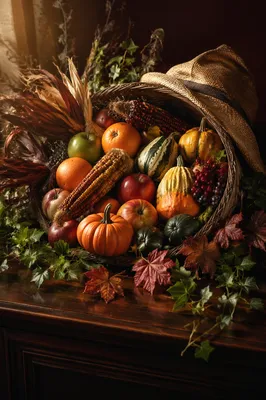 Thanksgiving Cornucopia on Rustic Altar Table