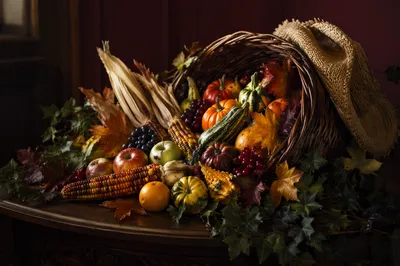 Thanksgiving Cornucopia on Rustic Altar Table