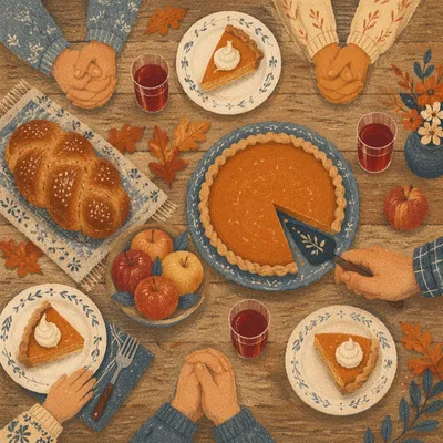 Thanksgiving Family Prayer Around Pumpkin Pie