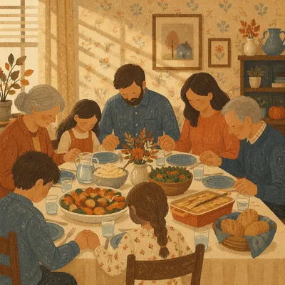 Thanksgiving Family Prayer Around Dinner Table