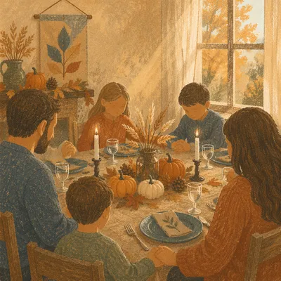 Thanksgiving Family Prayer Around Rustic Dinner Table