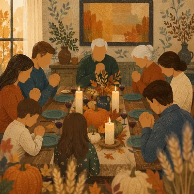 Thanksgiving Family Prayer Around Rustic Dinner Table