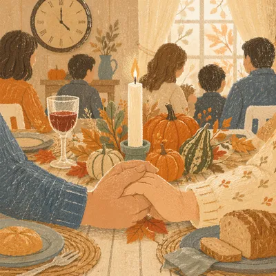 Thanksgiving Family Prayer at Rustic Dinner Table