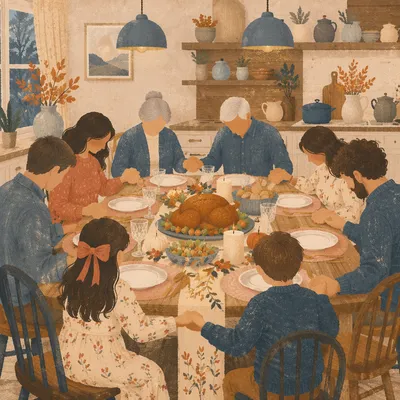 Thanksgiving Family Prayer Around Rustic Dinner Table