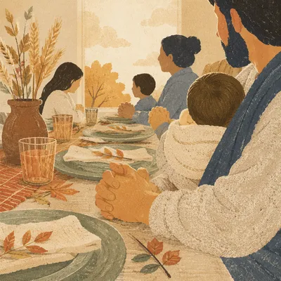 Thanksgiving Family Prayer at Cozy Dinner Table